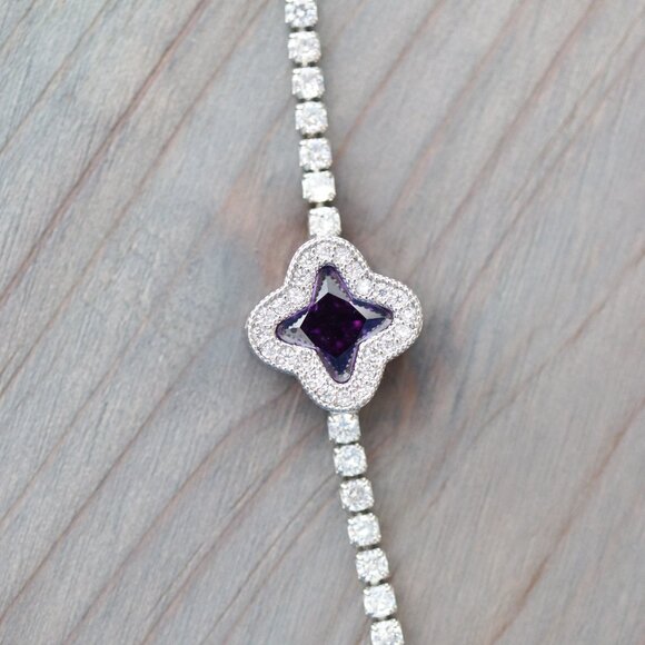 14mm Clover Purple CZ Diamond Tennis Bracelet Stainless Steel - Picture 2 of 3